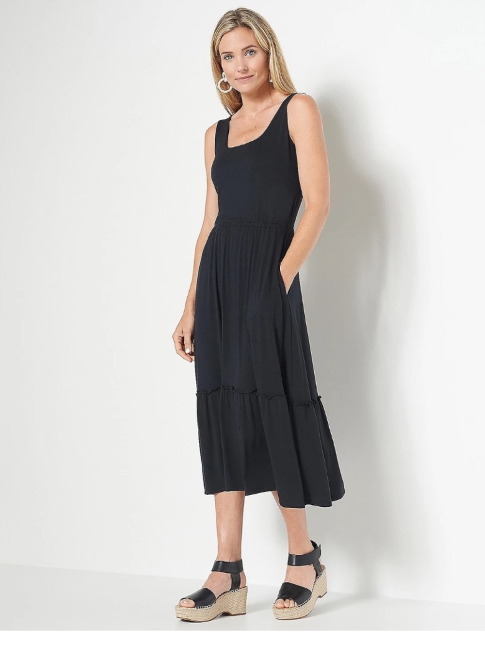 J JASON WU Black Regular Knit‎ Midi Dress w/ Shirred Hem Small